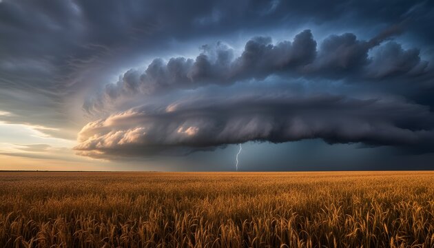 Dramatic supercell thunderstorm clouds approaching over a ripe golden wheat field with lightning for severe summer thunderstorms weather and climate danger concept