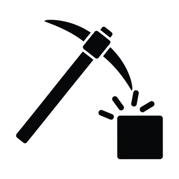 Mining pickaxe icon hitting rock, black silhouette pick axe vector, coal mining tool and stone extraction symbol