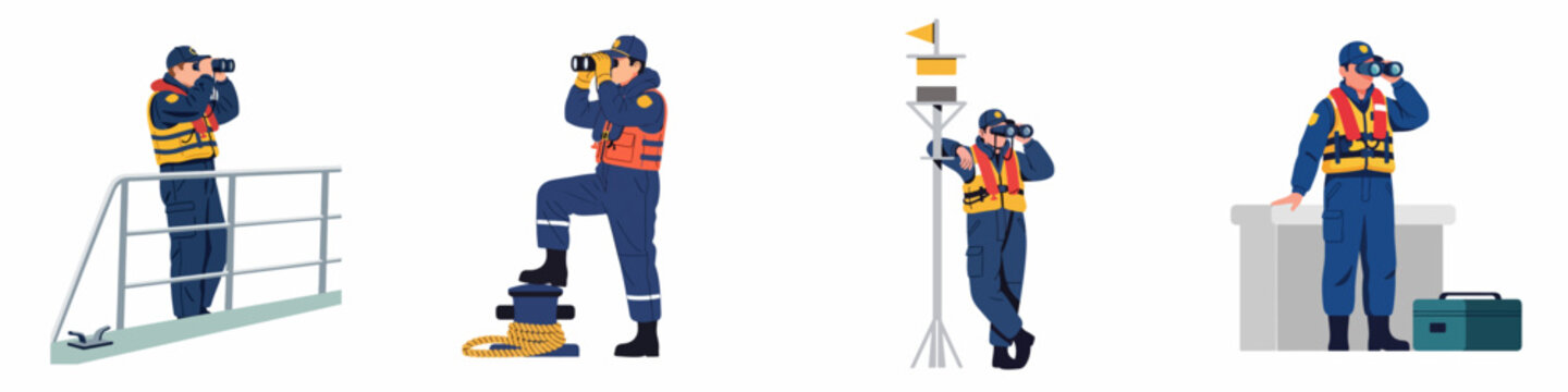Set of maritime coast guard officers in uniform and life vests looking through binoculars in various nautical settings, flat vector illustration.