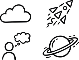 Hand Drawn Business Startup and Creativity Line Icon Set Featuring Rocket Ship Cloud Thinking Person and Saturn Planet for Innovation and Creative Education Graphics Vector © harry