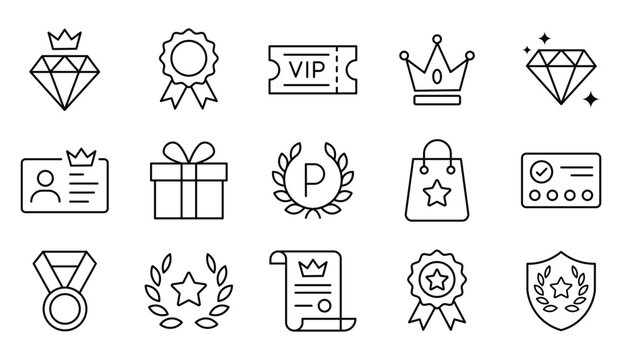 Premium collection of loyalty and rewards program vector icons featuring symbols of achievement, vip status, gift rewards, and exclusive membership benefits.