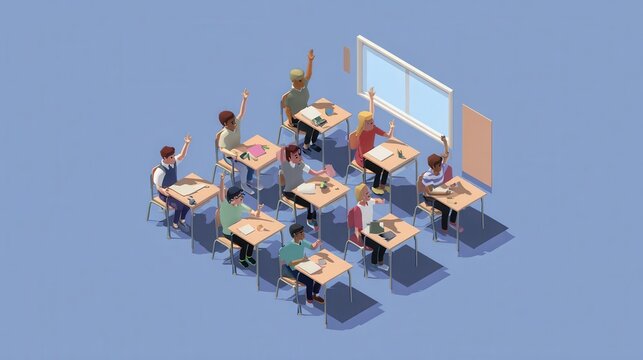 Students sitting at desks raising hands in isometric 3d classroom setting