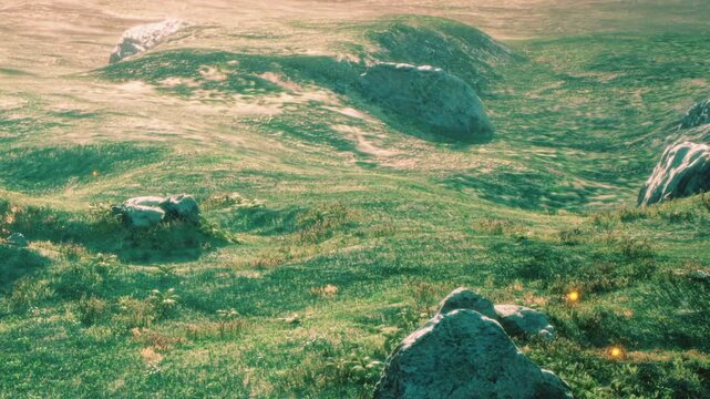 A wide green field features scattered rocks and gentle hills under bright sunlight. The scene captures the natural landscape and invites exploration and outdoor activities.