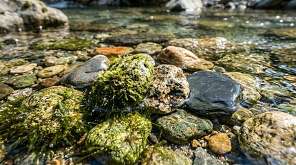 Obraz premium Close Up Texture of Water Worn River Stones in Clear Stream