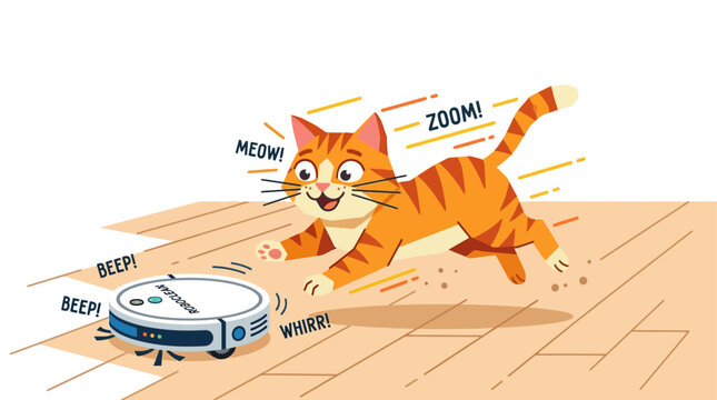 Cute ginger tabby cat playing and chasing a smart robotic vacuum cleaner on wooden floor illustration
