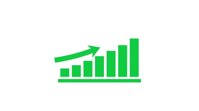 Green bar chart increasing growth arrow animation, stock market progress graph