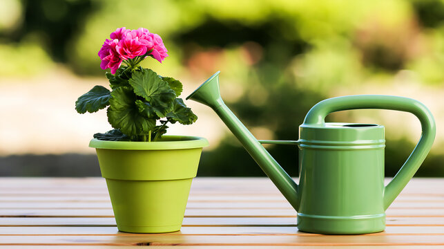 A vibrant pink geranium flower blooming in a bright green pot alongside a matching green gardening watering can on a wooden table, representing spring, botany, and home gardening.