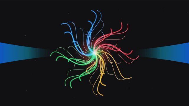 Abstract colorful lines forming dynamic radial pattern in seamless loop with dark background.