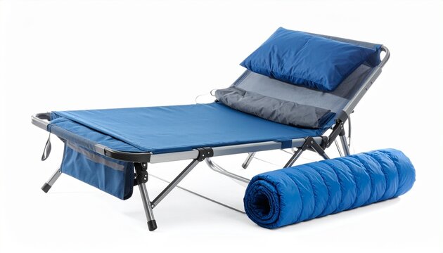 Blue camping cot with pillows and sleeping bag symbolizing comfort, portability, and outdoor relaxation.