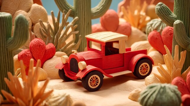 Red vintage pickup truck parked on a tropical beach with red flowers and palm leaves