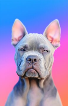 Gray Cane Corso puppy. Portrait of a young dog against colorful background.