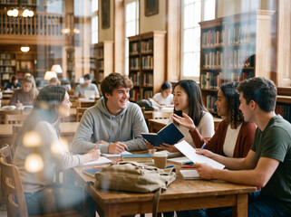 Obraz premium Students talking and laughing behind glass in a sunlit university library representing academic collaboration and campus community.
