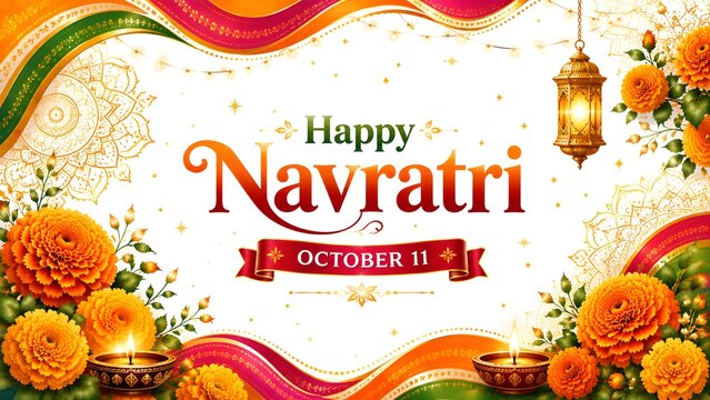 Happy Navratri October 11 festival background with marigold flowers diya lamps and hanging lantern