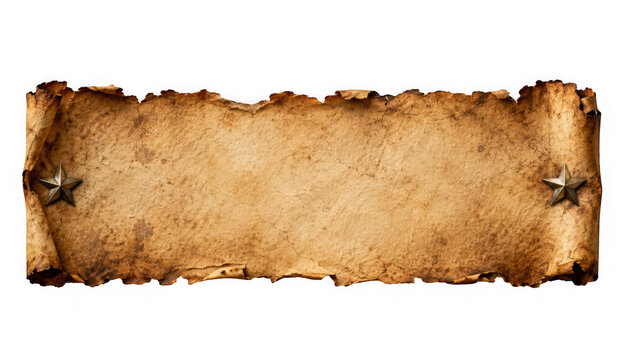 Old vintage paper scroll with metal stars isolated on transparent background