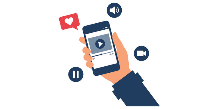 Hand holding smartphone playing video content with social media interaction icons.