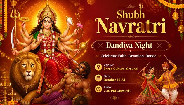 Goddess Durga with Lion and Garba Dancers on Shubh Navratri Dandiya Night Festival Banner