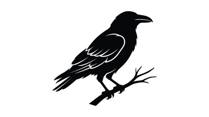 Obraz premium Black raven silhouette on a branch. Vector illustration of a crow bird icon.