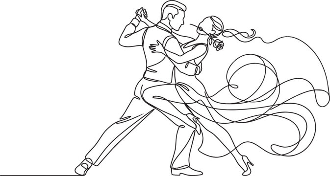 Continuous line drawing of a couple dancing tango with passion isolated on transparent background, Vector