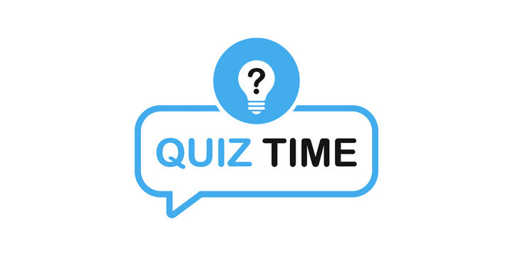 Quiz time speech bubble with light bulb and question mark symbol, light blue and black text.