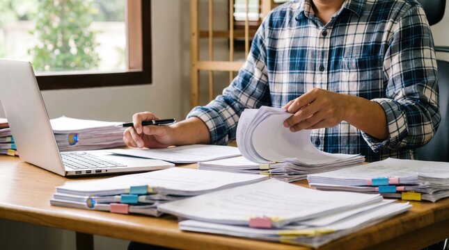 Businessman working on laptop computer while reviewing and organizing stack of paper documents on wooden office desk.