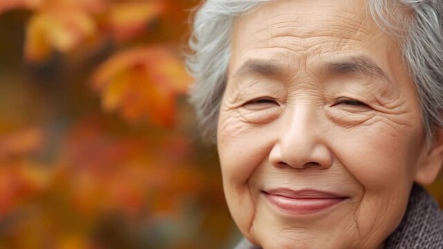 Elderly woman smiling portrait close up face with warm autumn leaves gentle joyful expression