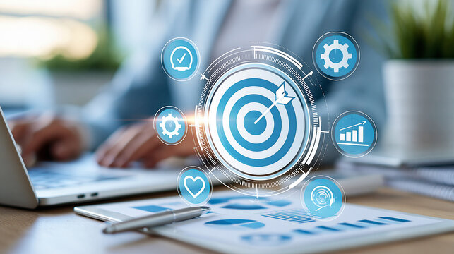 SMART goals framework concept with measurable achievable relevant time-bound icons, business planning and performance management theme, defocused background, with copy space