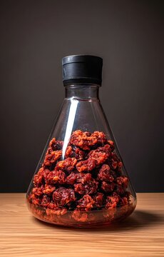 Lab grown meat. Cultured protein in glass flask.