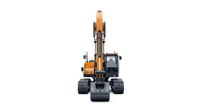 Front view of an orange crawler excavator isolated on a white background, heavy industrial construction machinery