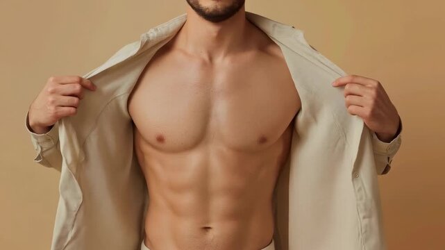 Muscular male torso chest and abs exposed with open shirt tan skin confident pose warm neutral