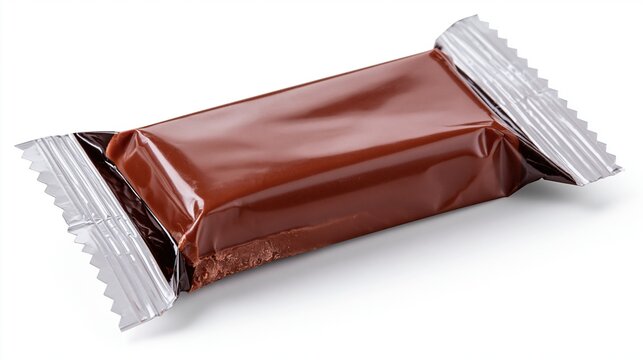 Close-up of a wrapped chocolate candy bar isolated on white background