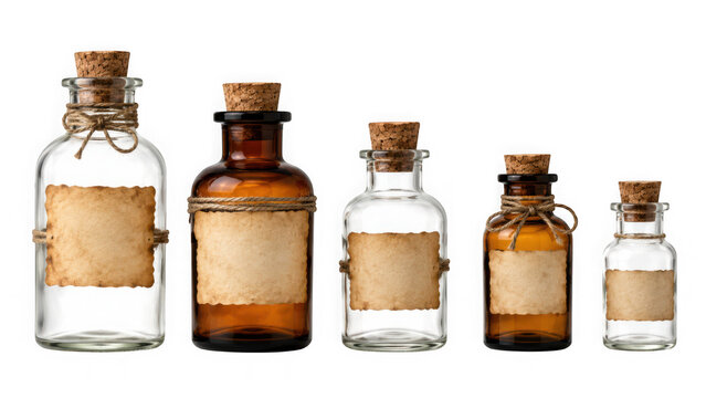 Set of various vintage apothecary bottles with cork stoppers and blank paper labels isolated on transparent background