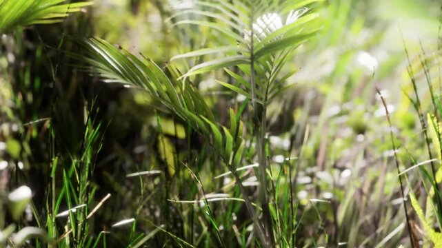 A variety of green plants spread across the ground in a forest area during daylight. Sunlight filters through the leaves creating shadows and highlighting the vibrant colors.