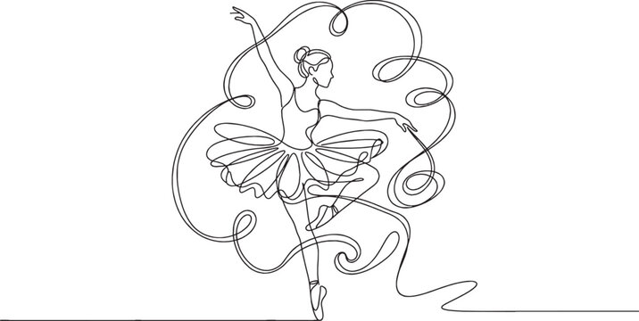 Continuous line drawing of a graceful ballerina dancing with a rhythmic ribbon isolated on transparent background, Vector