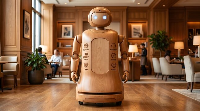 Futuristic wooden service robot in luxury hotel lobby, humanoid ai assistant for hospitality and concierge services, autonomous robotic receptionist in elegant warm wood interior lounge setting.
