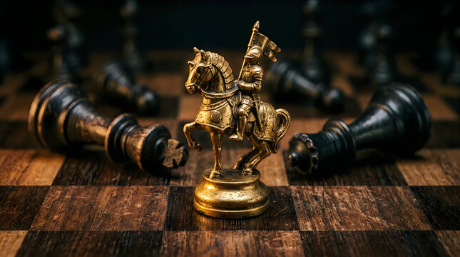 Golden Knight Chess Piece Standing Victorious Among Fallen Dark Pieces
