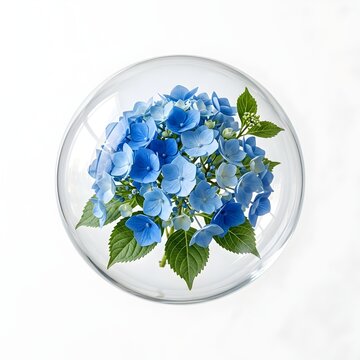 Blue hydrangea flower in glass sphere, botanical floral paperweight on white background, elegant crystal ball with blooming hydrangea petals