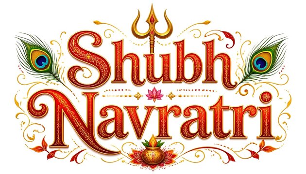 Happy shubh Navratri typo logo for Indian traditional festive Ram Navami puja concept. Hindi calligraphy in watercolor style.