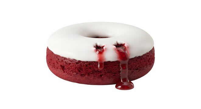 Red velvet doughnut with white glaze and bleeding vampire bite holes