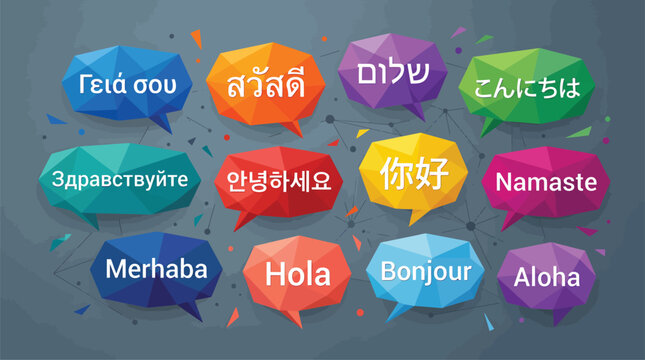 Diverse Global Greetings in Colorful Speech Bubbles Representing International Communication and Cultural Exchange