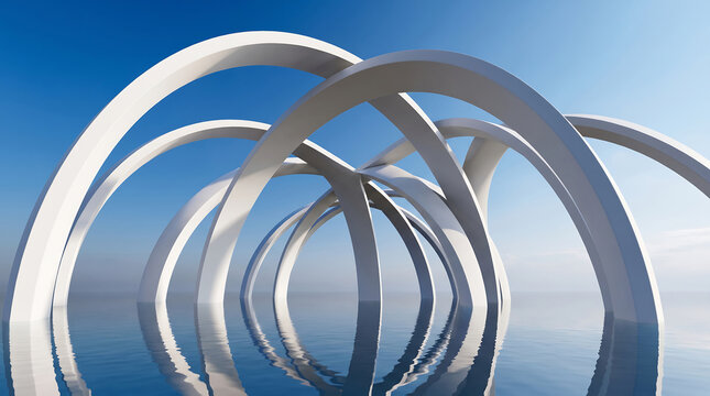 White parabolic arches over water. Abstract architectural structure with reflective surface.