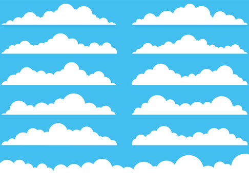 Set of Flat Cartoon White Cloud Shapes Isolated on Blue Sky Background Vector Collection