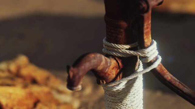 A rusted water pump stands upright with white rope wrapped around its base. The setting shows rocky ground and sunlight shining down on the scene, creating a warm atmosphere.