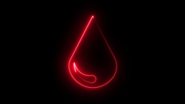 Glowing red neon blood drop icon outline for medical and donation concept on dark black background.