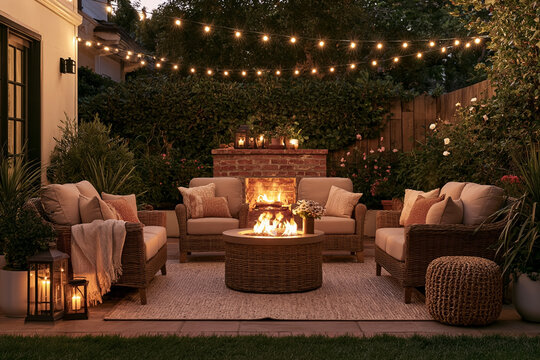 Cozy backyard patio at twilight with a glowing fire pit and brick fireplace, featuring comfortable wicker lounge furniture under ambient string lights, perfect for luxury home lifestyle and