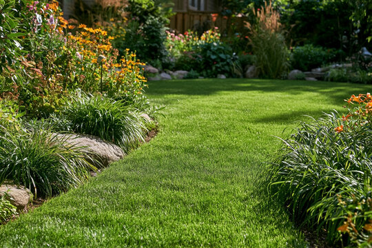 Beautiful lush green lawn in a landscaped backyard garden on a sunny day, perfect for landscaping services and home improvement marketing