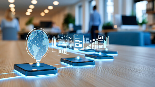 Future technology roadmap illustrating infrastructure upgrades and software implementation plan, defocused office background, with copy space