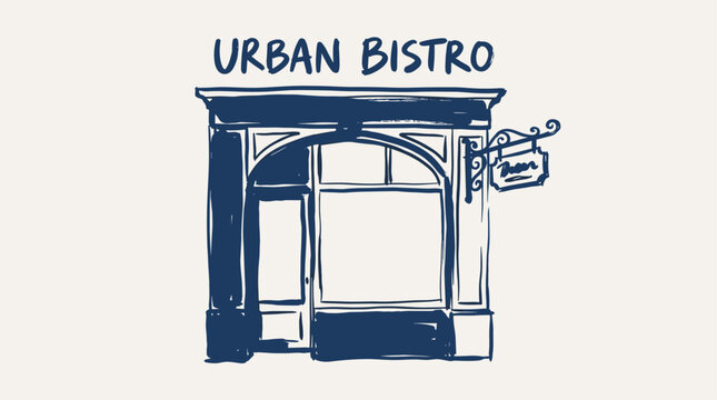 Urban bistro storefront sketch. Vintage restaurant facade illustration. City cafe shop front graphic design for t shirt.