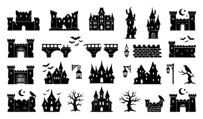 Gothic Haunted Castle Black Silhouette Vector Icon Set © F a g u n
