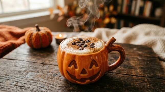 Pumpkin shaped mug with hot beverage and autumn decorations cozy indoor scene fall pumpkin-shaped cup drink coffee latte cappuccino halloween jack-o -lantern carved orange color