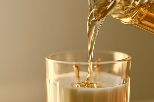 Golden viscous liquid pouring into a elegant glass container with wicks, creating a luxurious and serene scene under warm, soft studio lighting. Ideal for advertising natural cosmetic oils,
